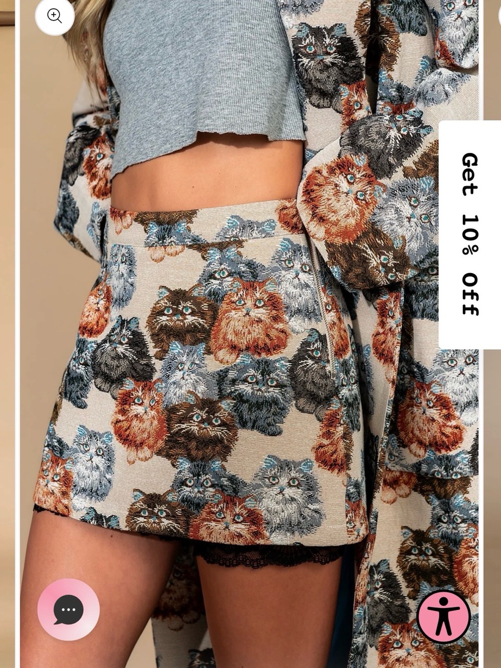 Dressed in LALA Beige Mini Skirt with Multi-Colored Cat Tapestry